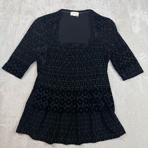 Anthropologie Meadow Rue Black Velvet Burnout Top Square Neck Peplum M